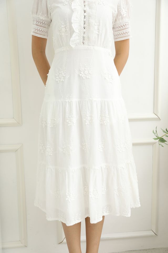 Lacey Embroidery Midi Dress in White