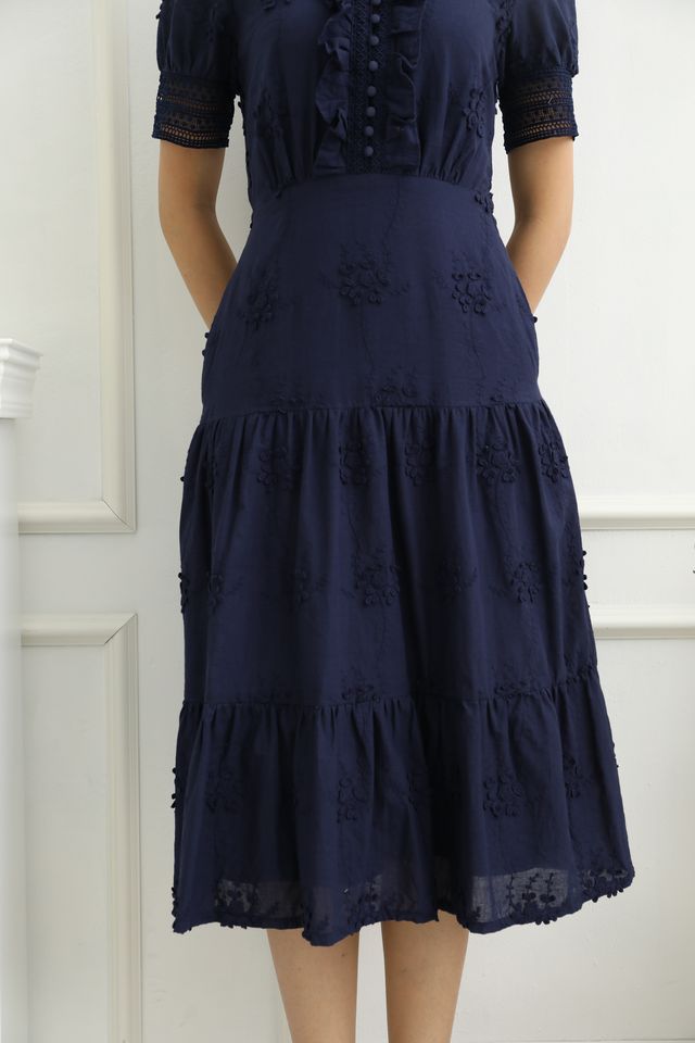 Lacey Embroidery Midi Dress in Navy