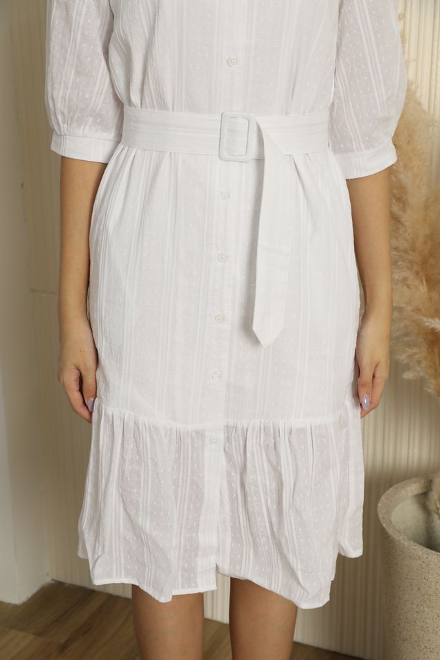 Hazelle Buttoned Down Ruffle Midi Dress in White