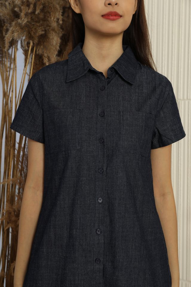 Jeanne Collar Shirt Shift Dress in Dark Denim