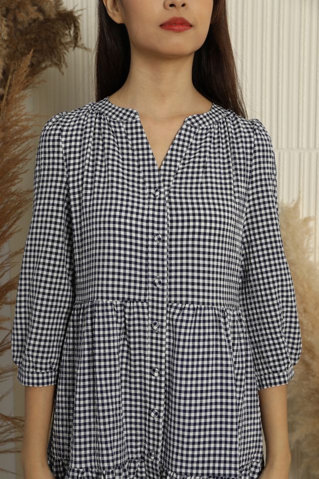 Audrey Gingham Button Front Smock Tiered Dress in Navy Blue