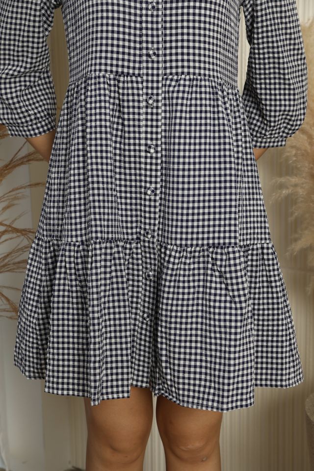 Audrey Gingham Button Front Smock Tiered Dress in Navy Blue