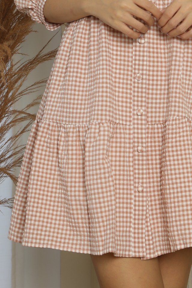 Audrey Gingham Button Front Smock Tiered Dress in Pink