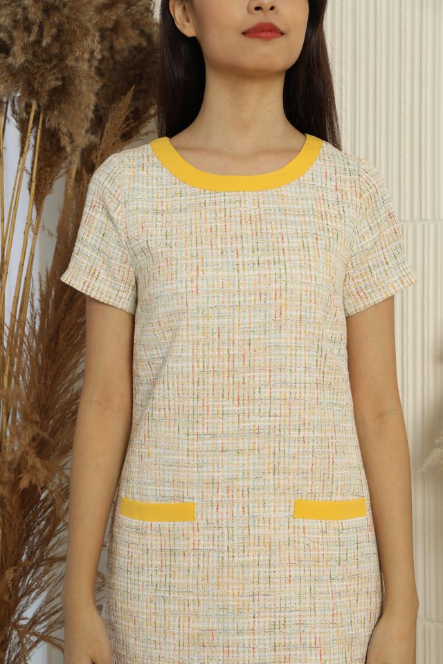 Tiffany Front Dual Pockets Tweed Dress in Yellow