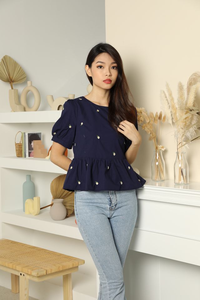 Marigold Two-Way Embroidered Blouse in Navy