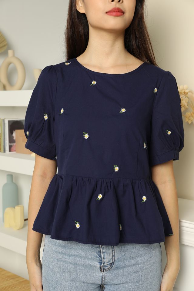 Marigold Two-Way Embroidered Blouse in Navy