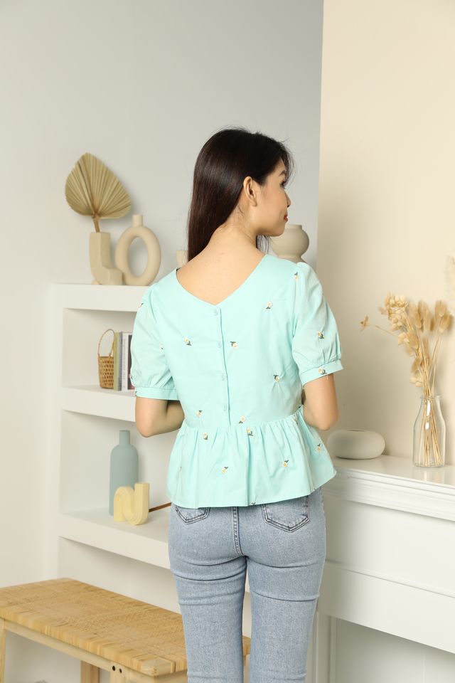 Marigold Two-Way Embroidered Blouse in Mint