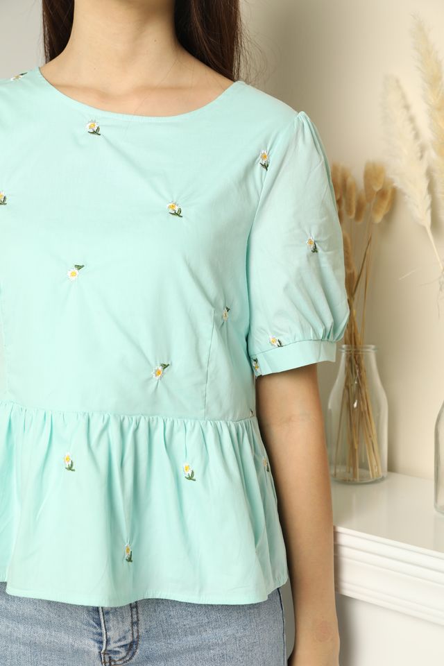 Marigold Two-Way Embroidered Blouse in Mint
