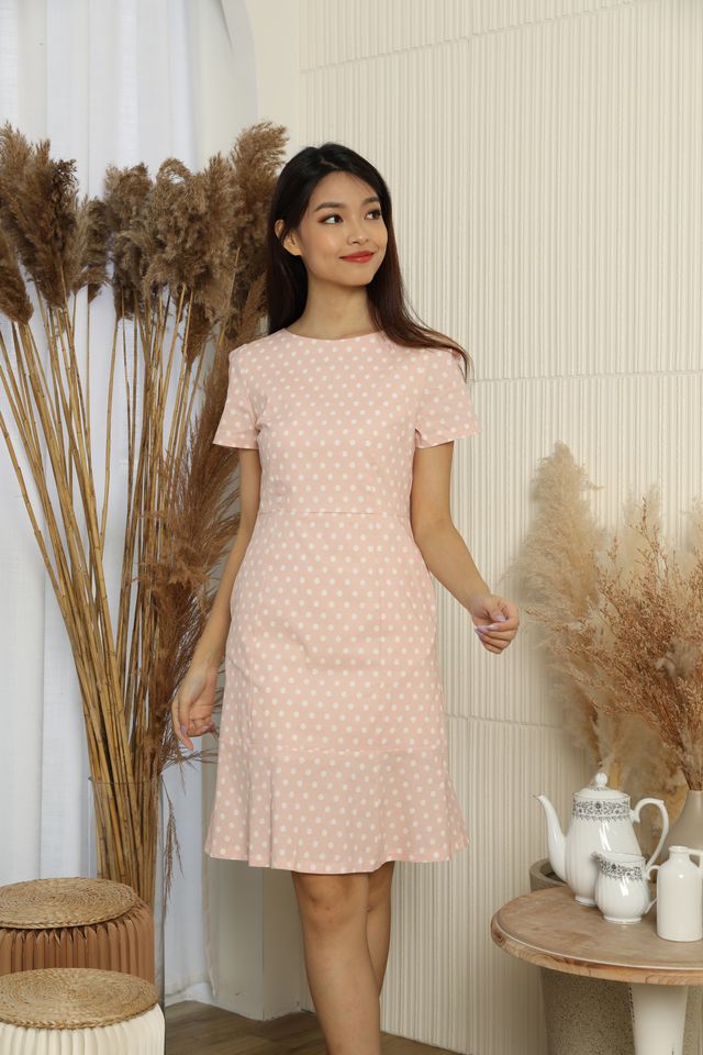 Briony Polka Dots Ruffle Hem A-line Dress in Pink