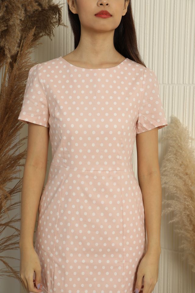 Briony Polka Dots Ruffle Hem A-line Dress in Pink