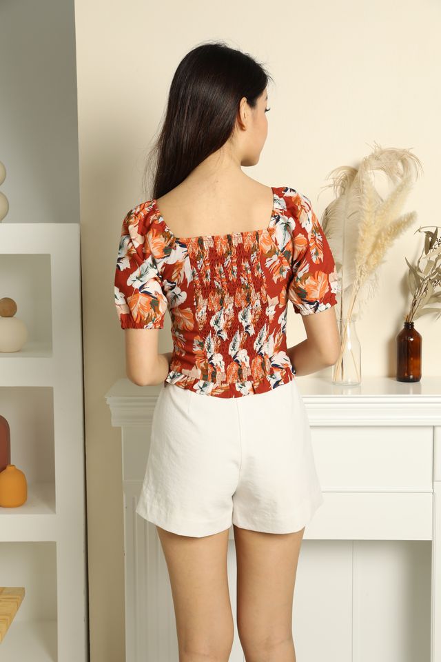 Rylie Ruched Floral Top in Rust Orange