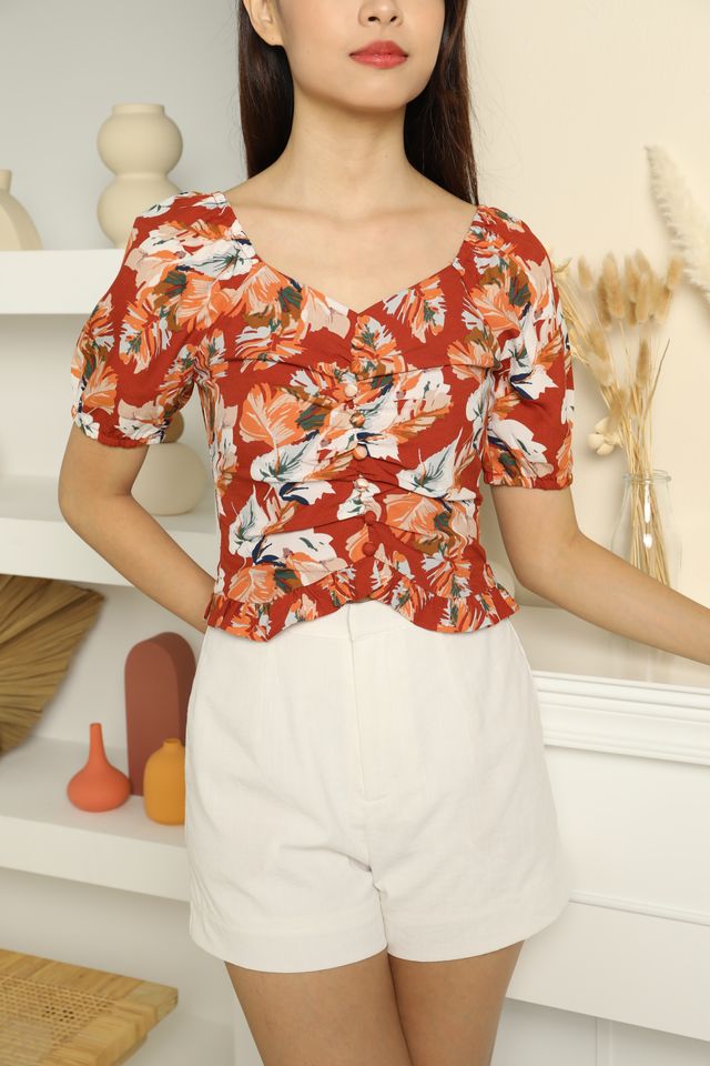 Rylie Ruched Floral Top in Rust Orange