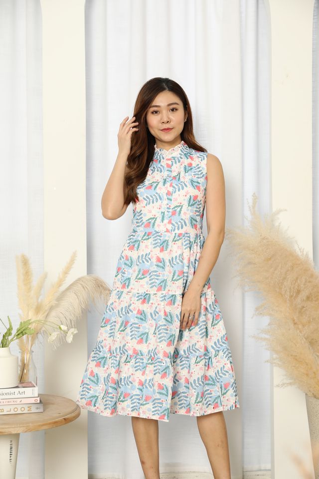 Palesa Eyelet Embroidery Ruffle Mandarin Collar Floral Print Midi Dress in Blue