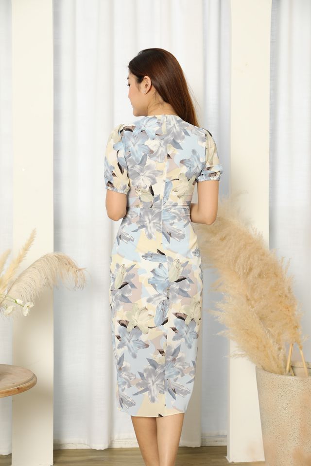 Nerissa Floral Belt Wrap Dress in Blue