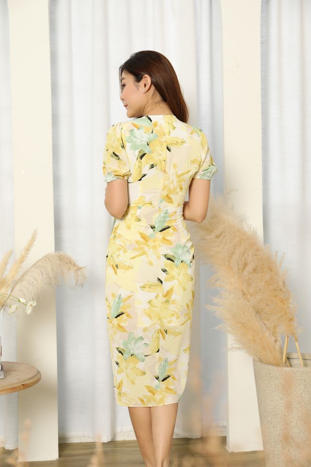 Nerissa Floral Belt Wrap Dress in Yellow