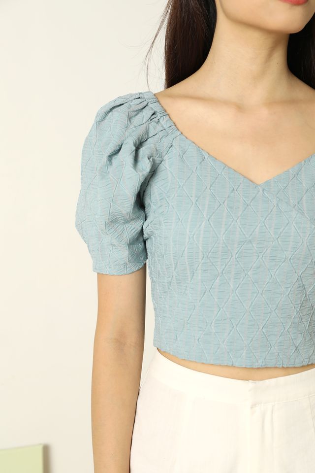 Adelyn Textured Puffy Sleeves Top in Dusty Turquoise