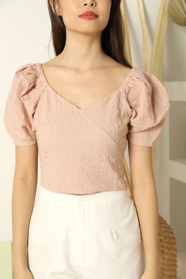 Adelyn Textured Puffy Sleeves Top in Nude Pink