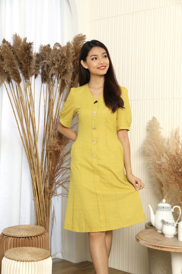 Mariana Unique Front Buttons Textured Dress in Mustard