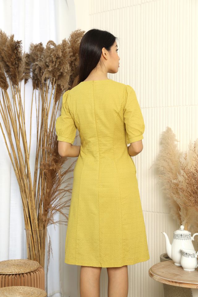 Mariana Unique Front Buttons Textured Dress in Mustard