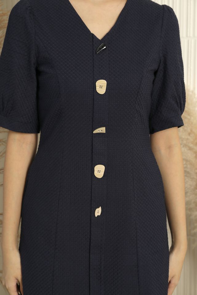 Mariana Unique Front Buttons Textured Dress in Navy Blue