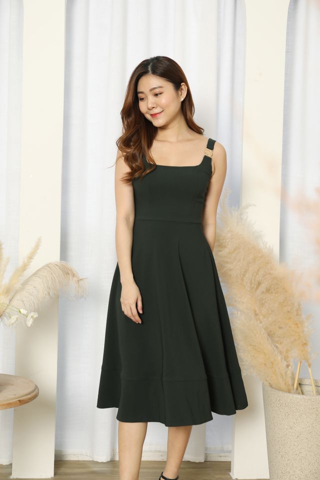Mariah Buckle Detail Strap Prom Midi Dress in Forest Green